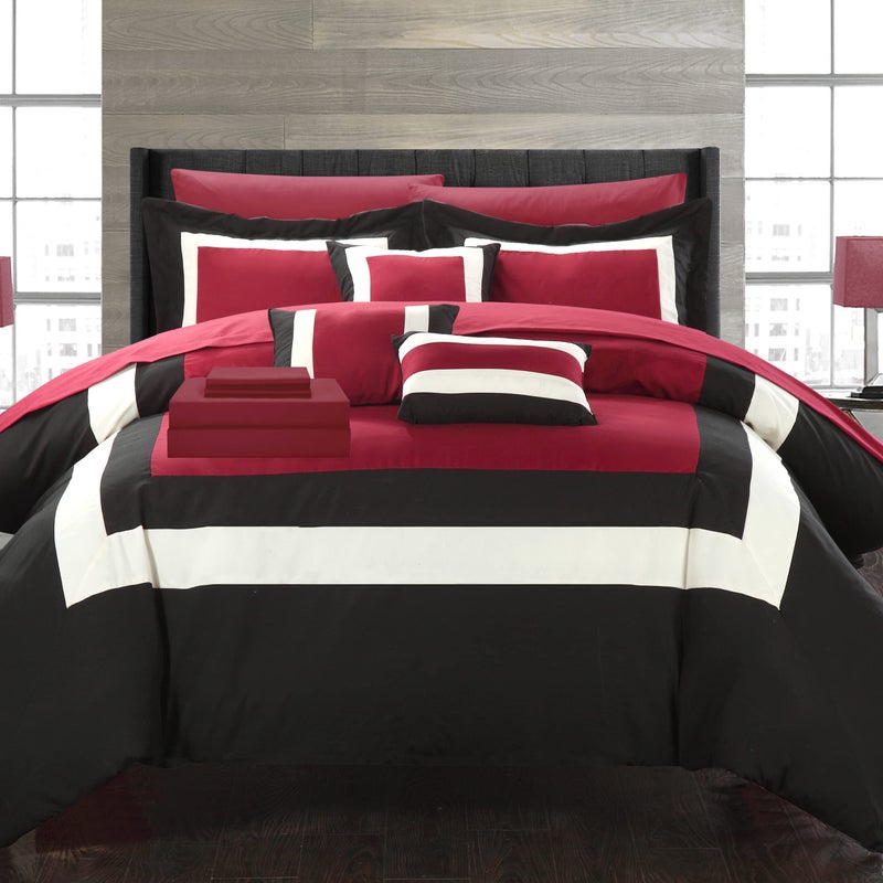 Chic Home - CS1465-AN Duke 10 Pieced Color Block Bed in A Bag Comforter Sheet Set, Queen, Red - Image 1